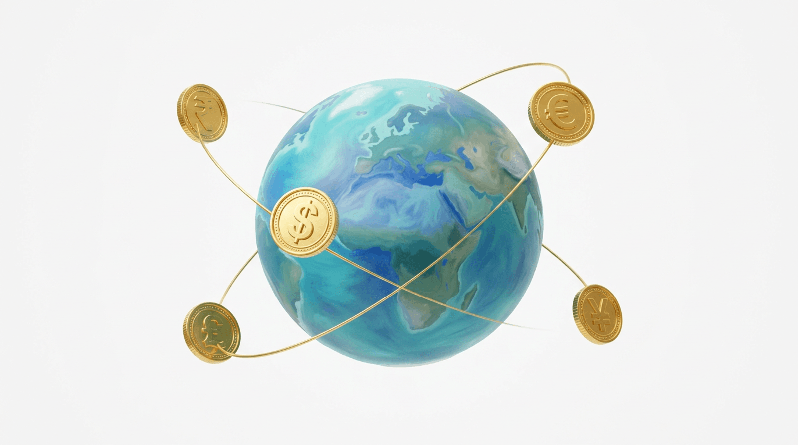 A painted globe in turquoise and blue with gold coins stamped with euro, dollar, pound, yen and rupee symbols orbiting it