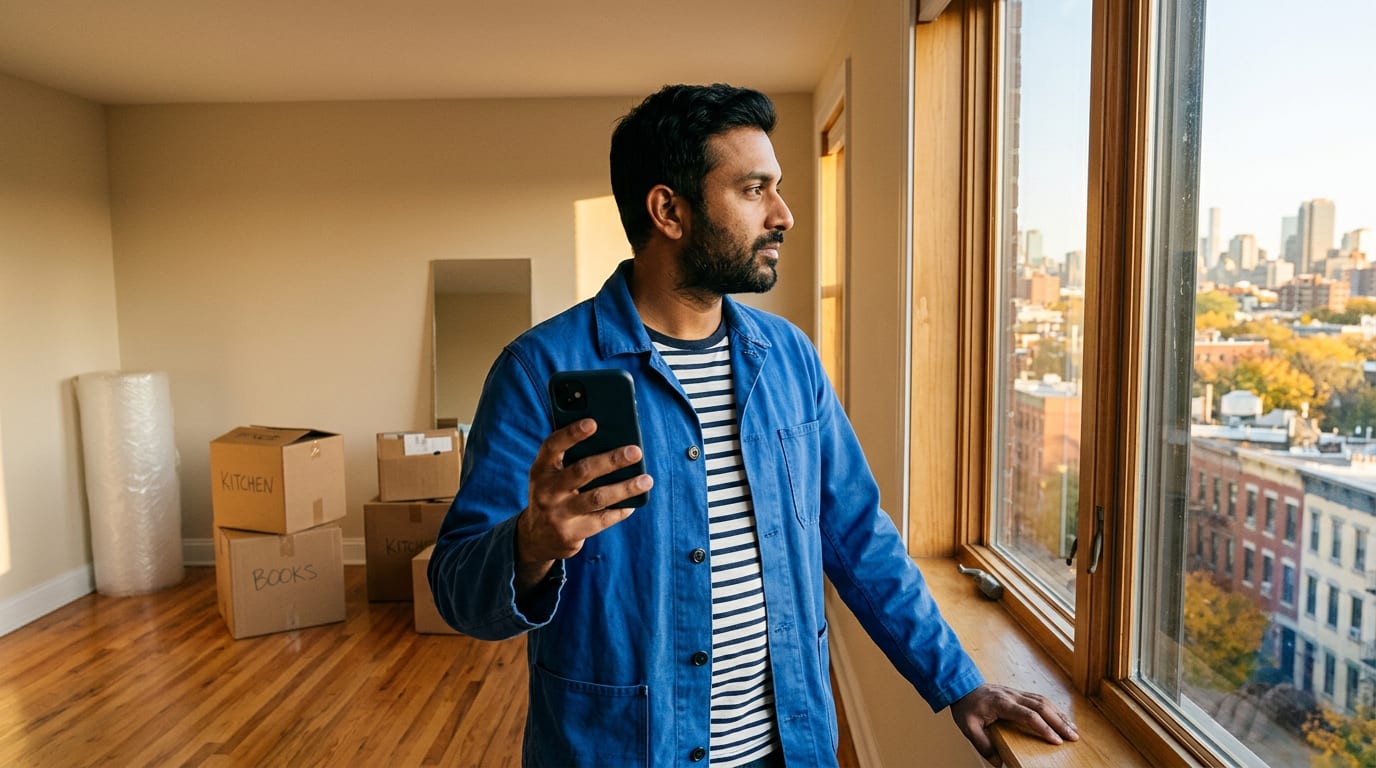 A man in a blue work jacket stands in an empty flat among moving boxes, phone in hand, looking out over a city