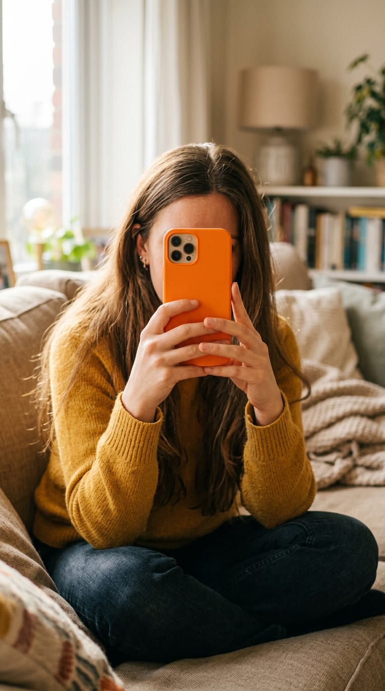 A woman in a mustard sweater sitting on a sofa, holding a phone in an orange case